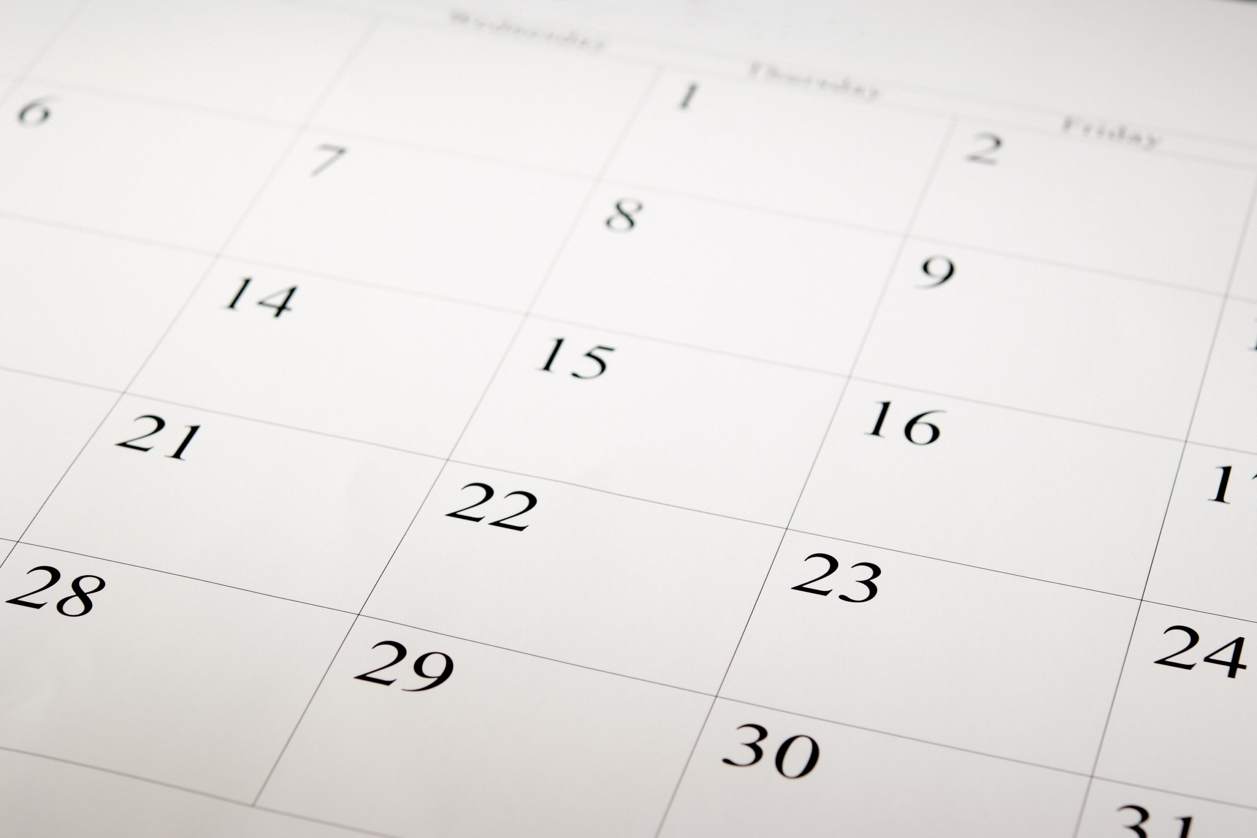 Close-up shot of a blank calendar with calendar date